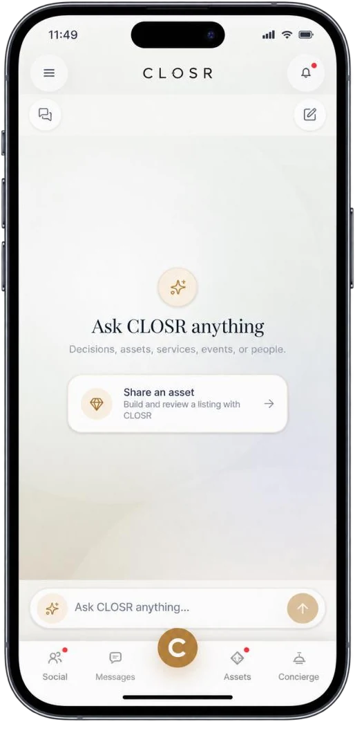App screen with an assistant prompt: ask about decisions, assets, services, events or people