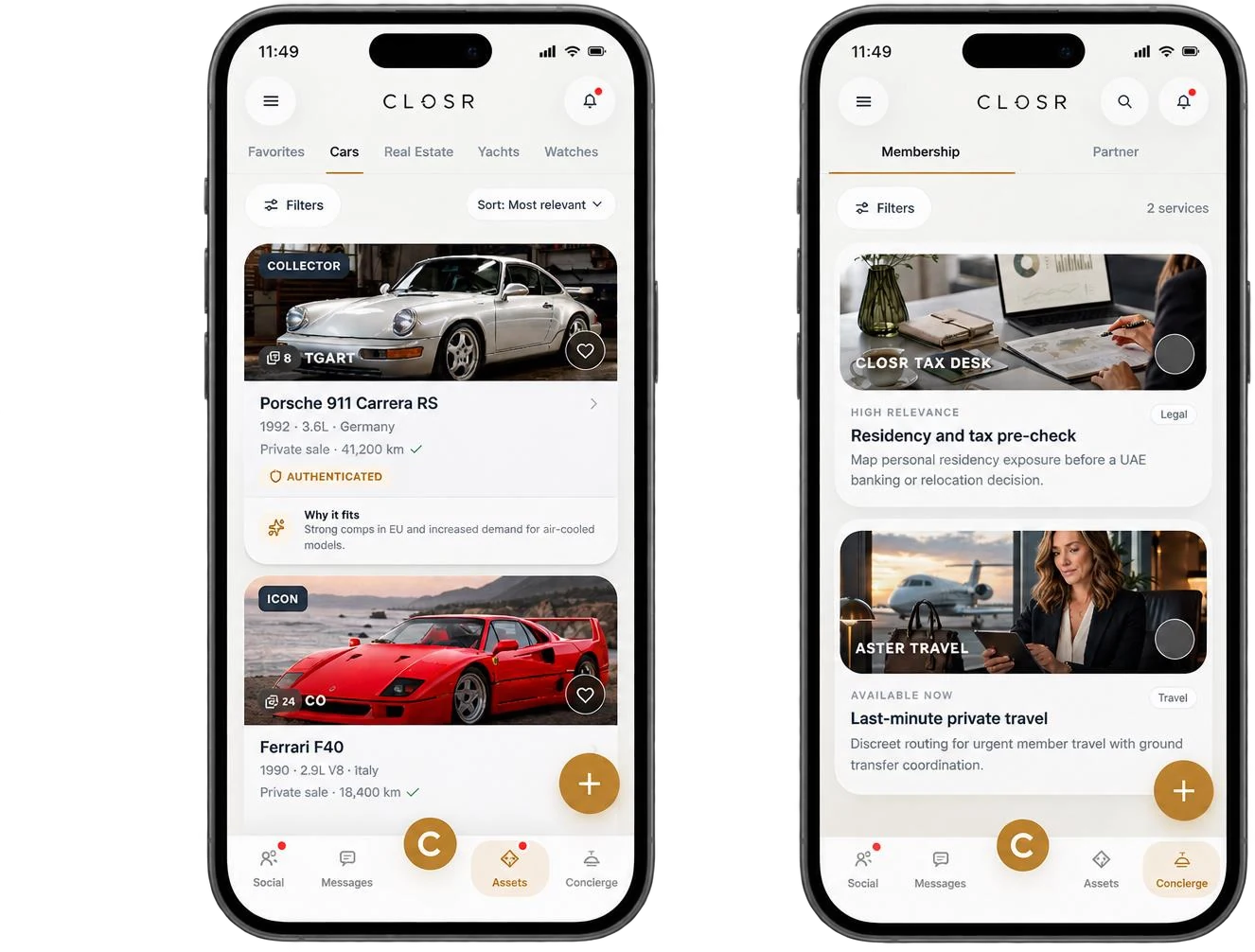 Two app screens: a curated private asset listing with authenticated provenance, and a concierge service catalogue