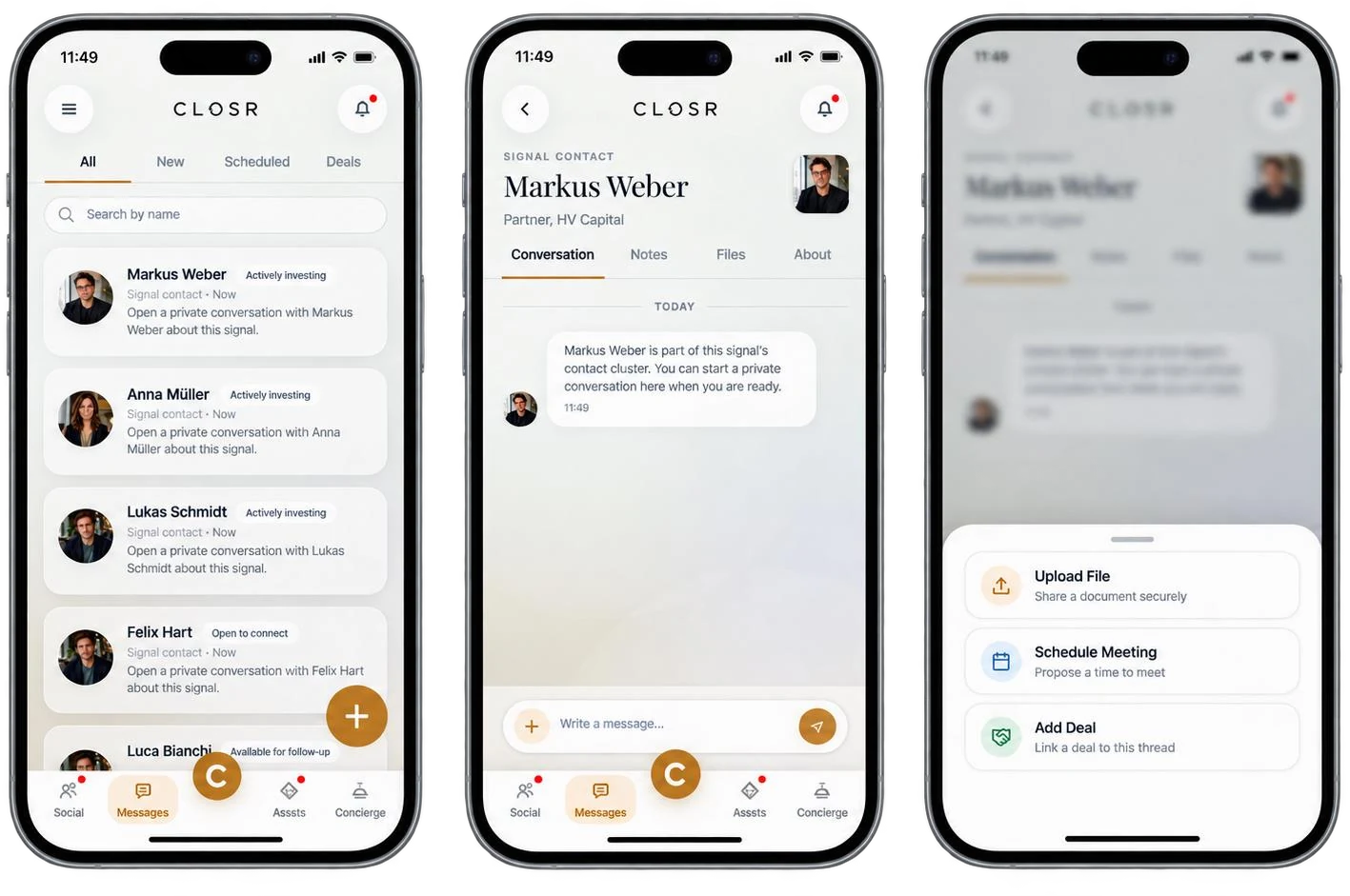 Three app screens: signal contacts, a private conversation thread, and actions to share files, schedule a meeting or add a deal