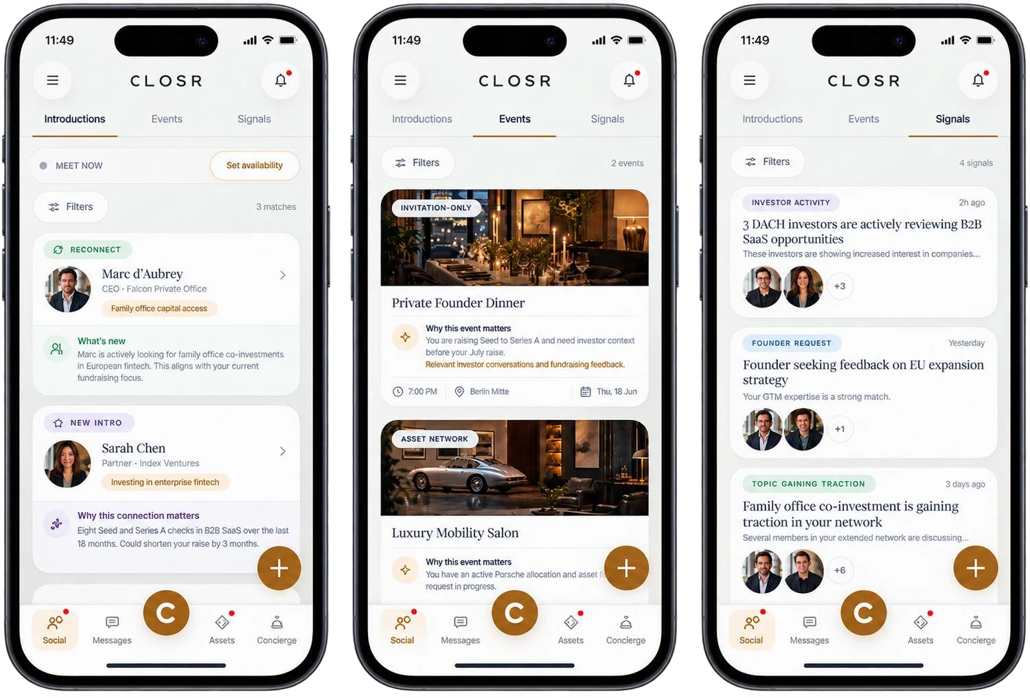 Three app screens: goal-driven introductions, curated events, and network signals